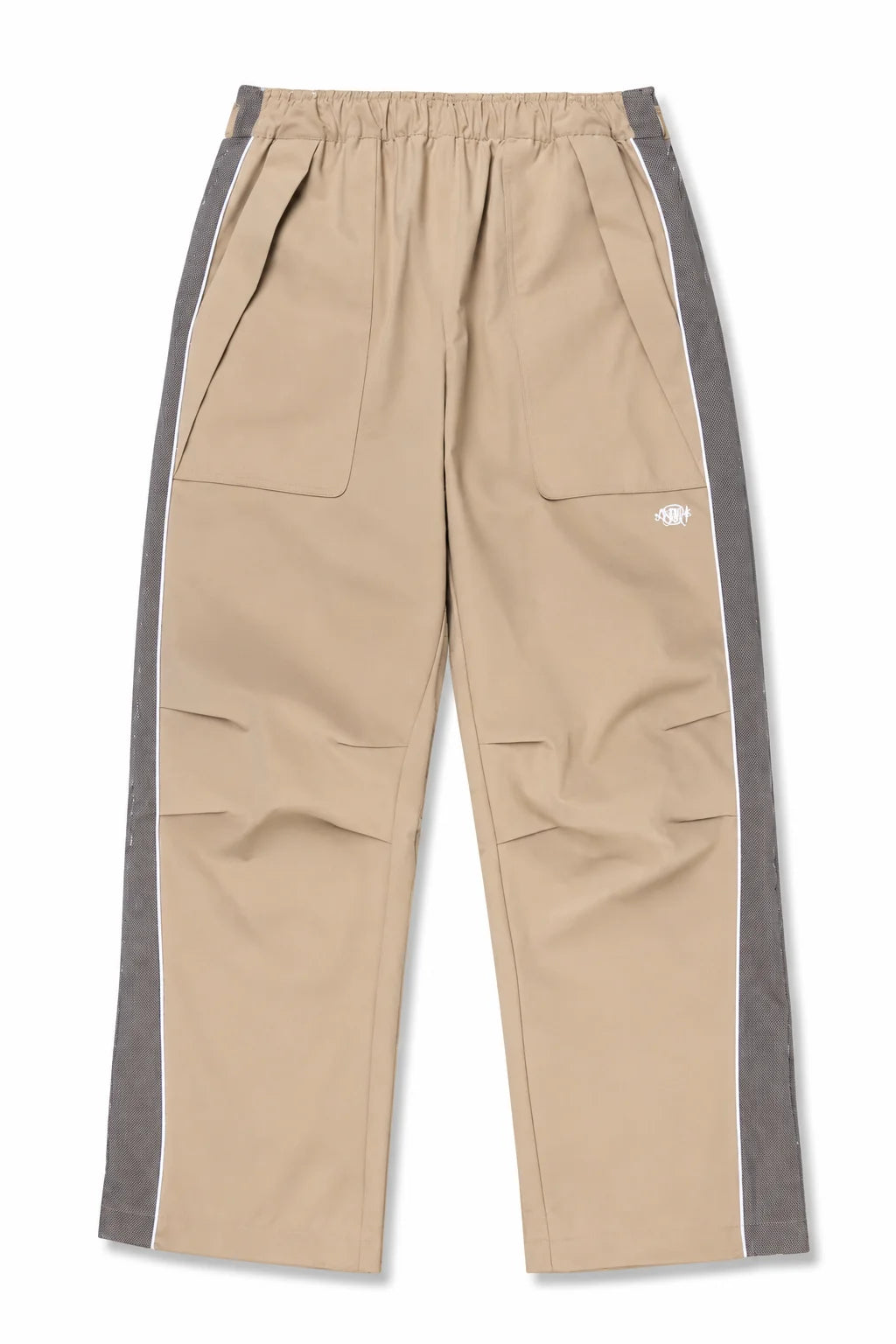 Syna World stone shell track pants with grey mesh side panel and white piping