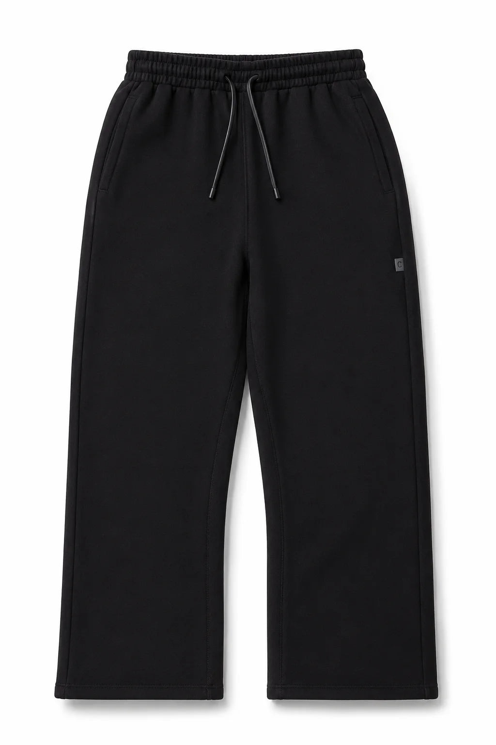 Syna World black heavyweight sweat pants front view with rubber tab detail
