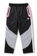 Syna World black pink shell track pants front view with chevron grey panel and zip pockets