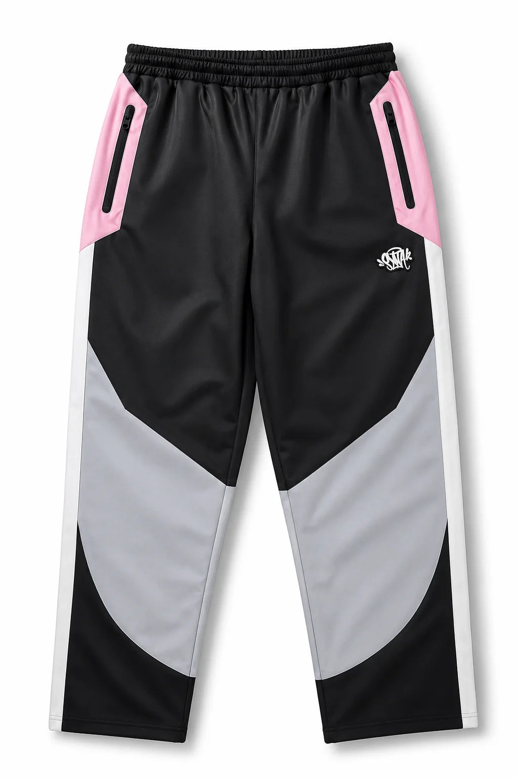Syna World black pink shell track pants front view with chevron grey panel and zip pockets