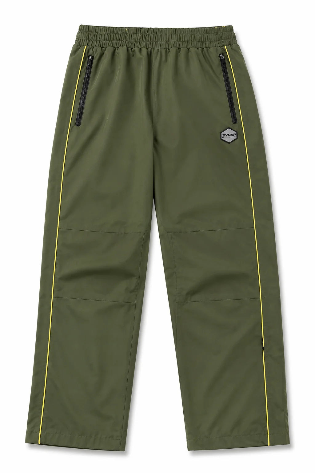 Syna World olive shell track pants with yellow contrast piping and zip pockets