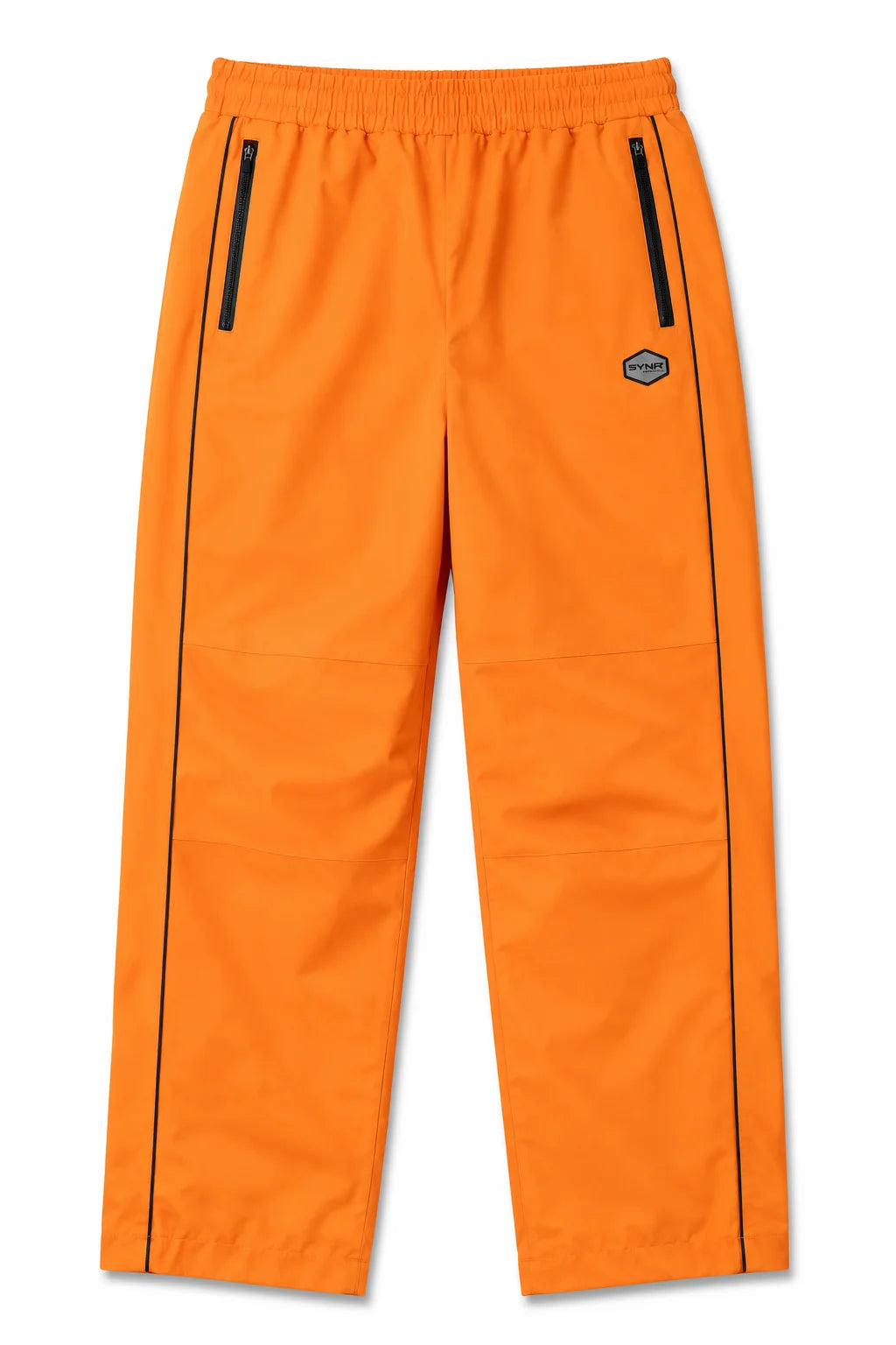 Syna World orange shell track pants with black contrast piping and zip pockets