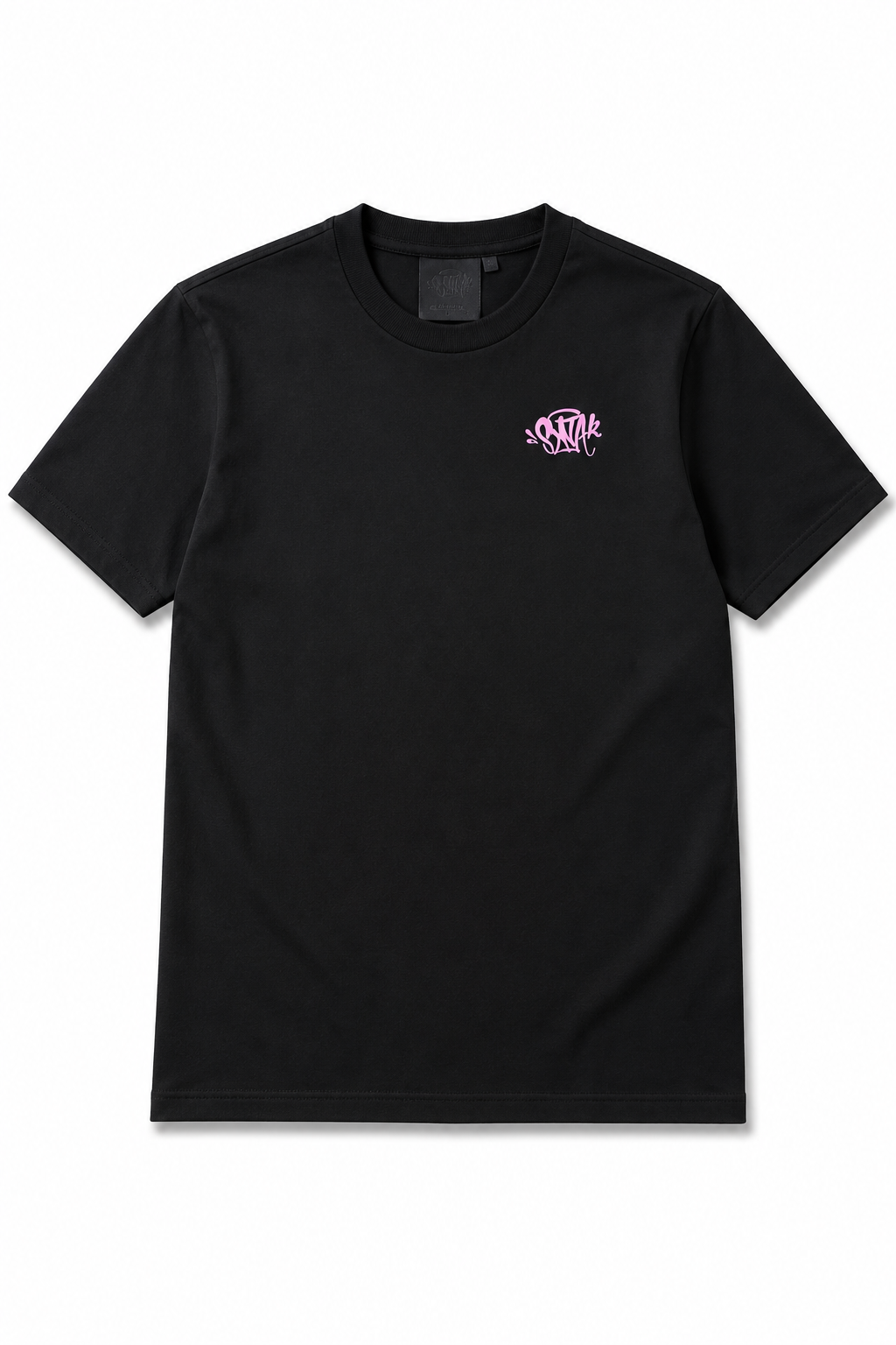 Black t-shirt with a small logo on the chest against a white background
