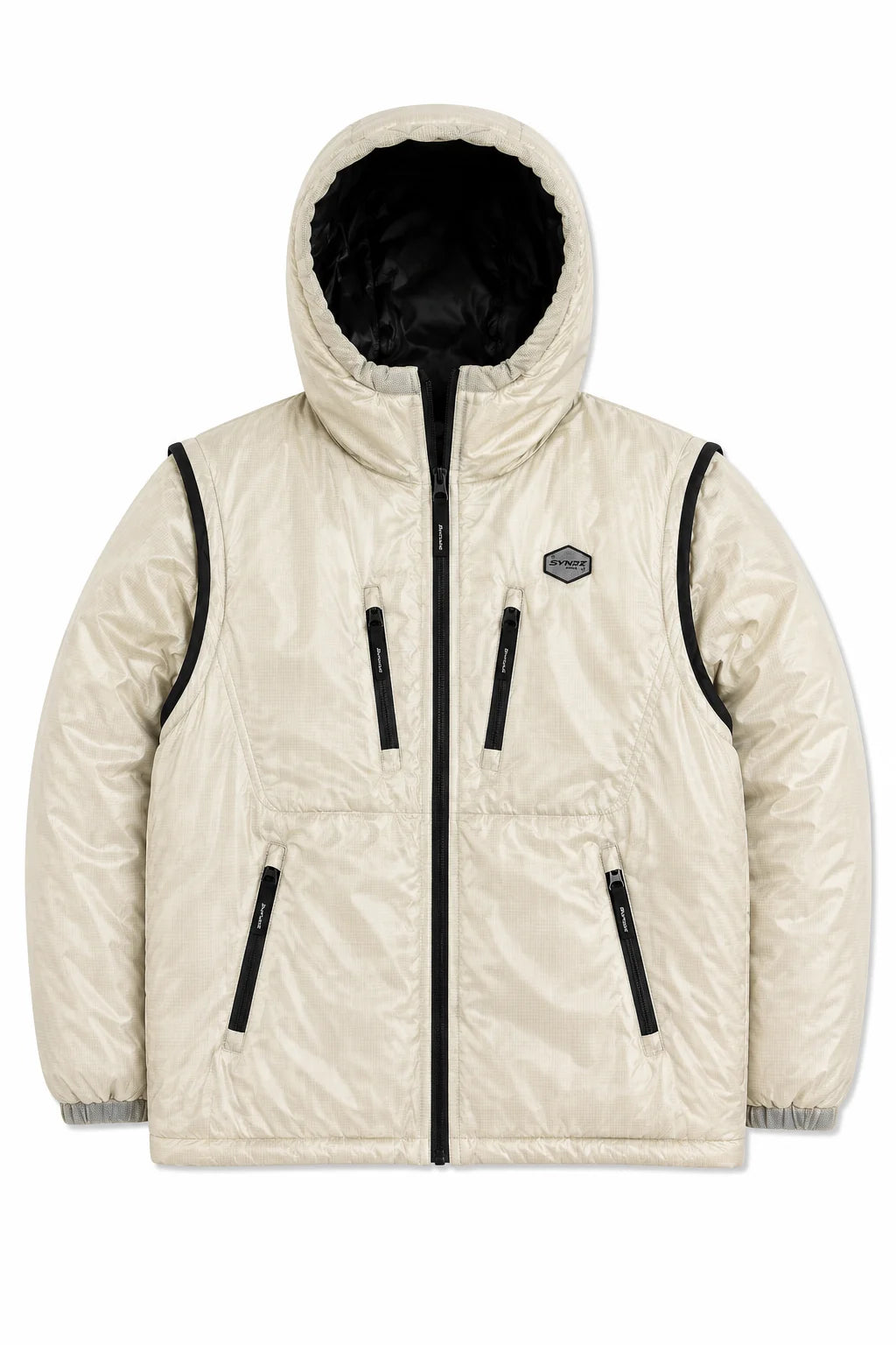 Syna Convertible Sleeve Cream Puffer Jacket with Detachable Sleeves