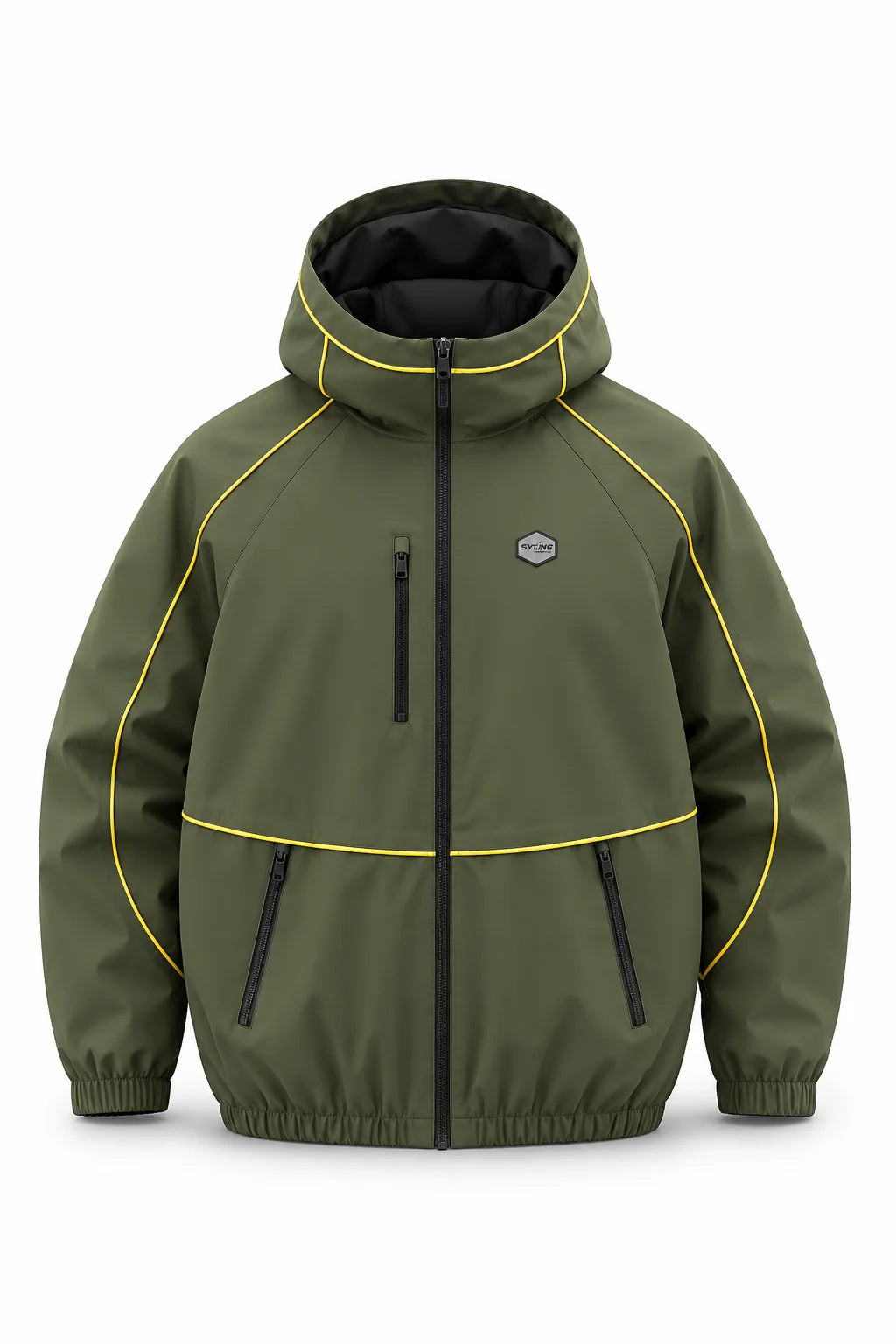 Green jacket with yellow accents on a white background