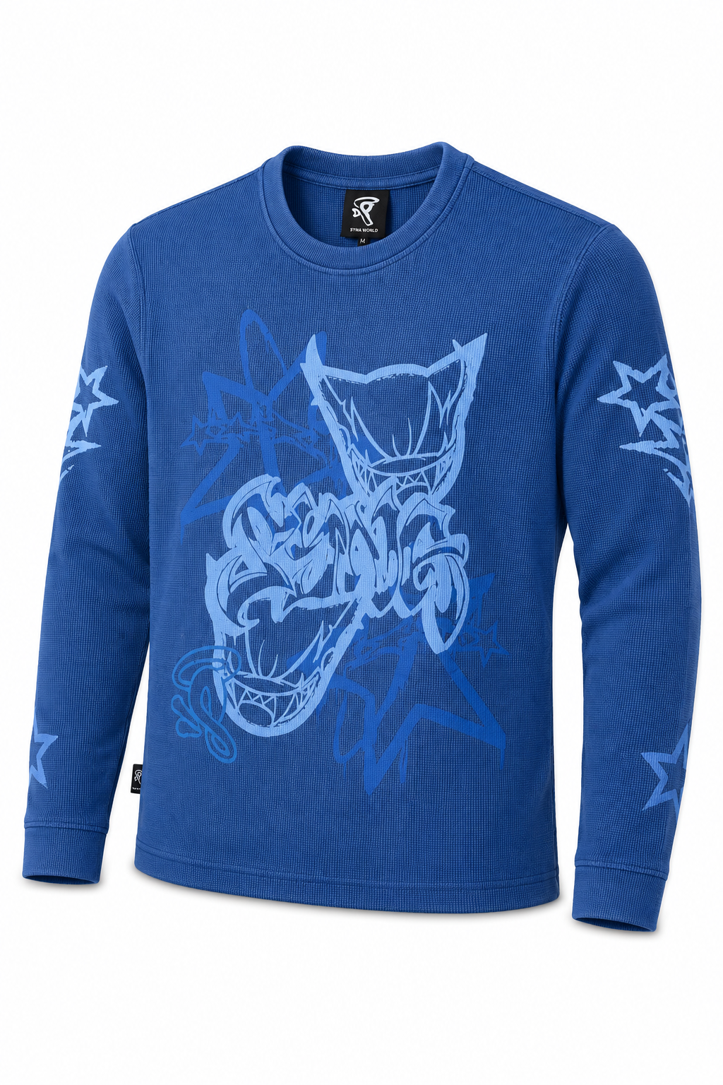 Syna World Blue Graffiti Waffle Long Sleeve Streetwear Thermal Shirt Front View