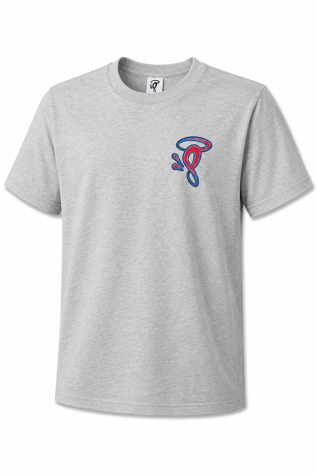 Gray t-shirt with a colorful logo on a white background