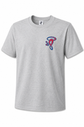Gray t-shirt with a colorful logo on a white background