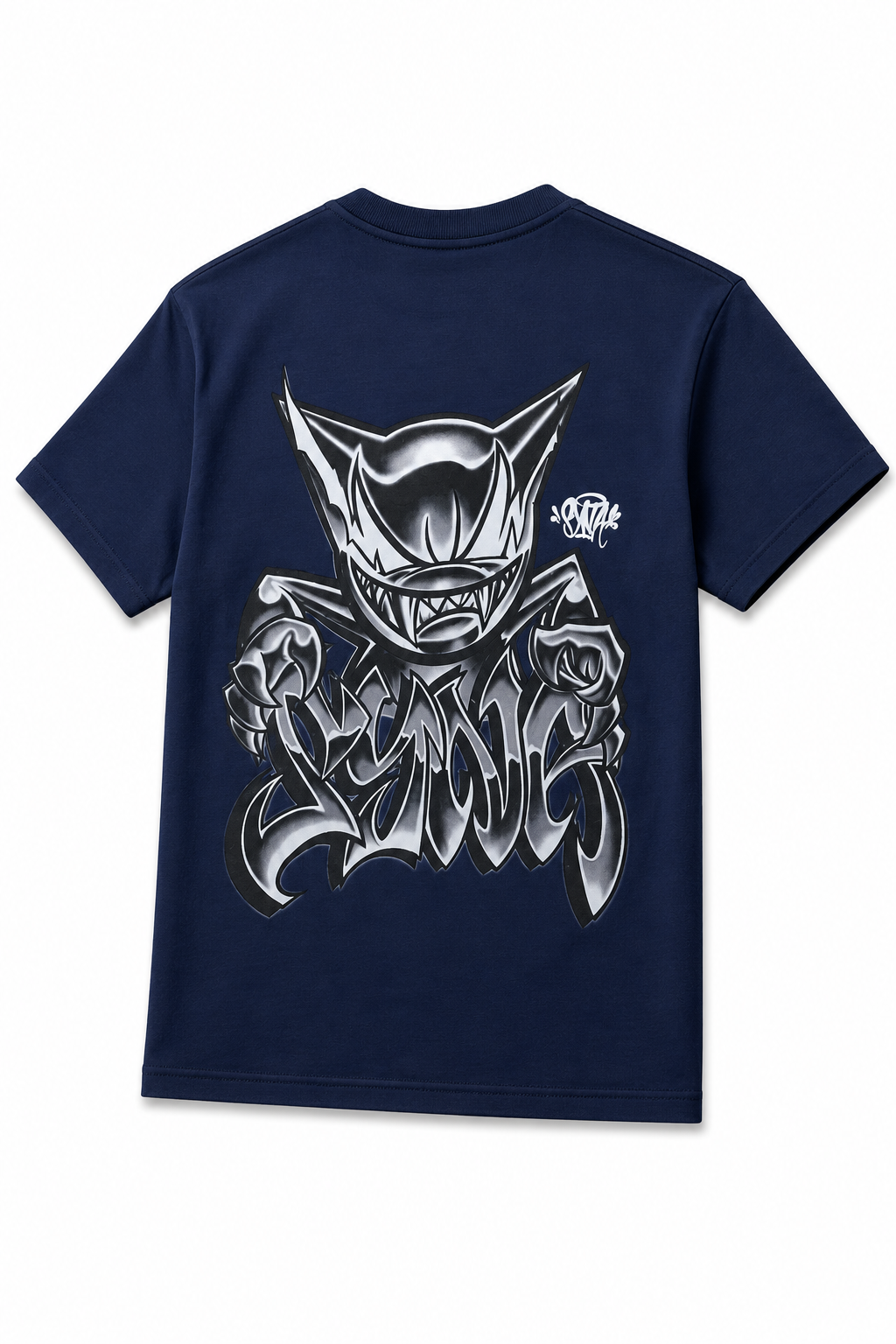Navy blue t-shirt with a graphic design on the back against a white background