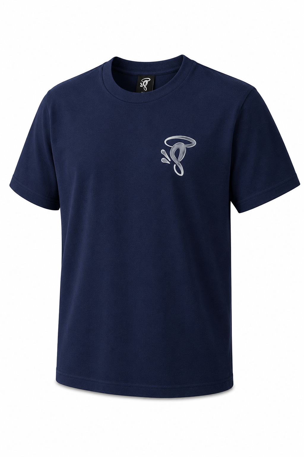 Navy blue t-shirt with a white logo on a white background