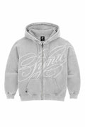 Syna World grey marl zip up hoodie front view with bold white oversized Syna script chest graphic