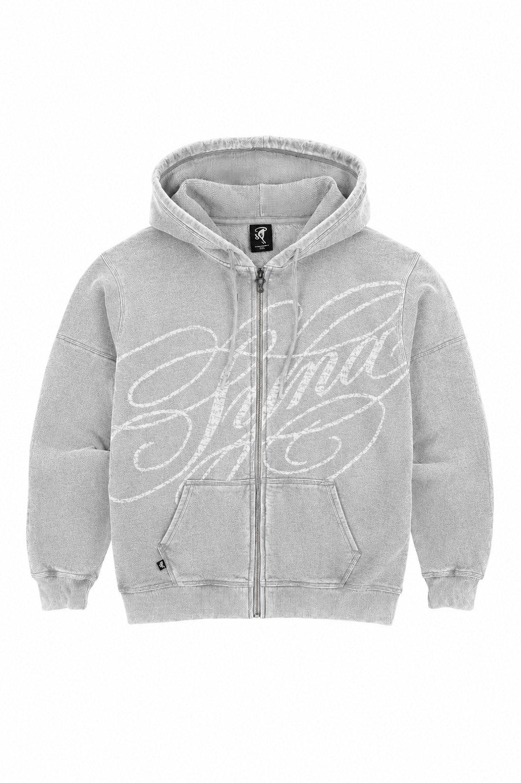 Syna World grey marl zip up hoodie front view with bold white oversized Syna script chest graphic