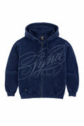 Syna World navy zip up hoodie front view with oversized tonal Syna script graphic and brass zip
