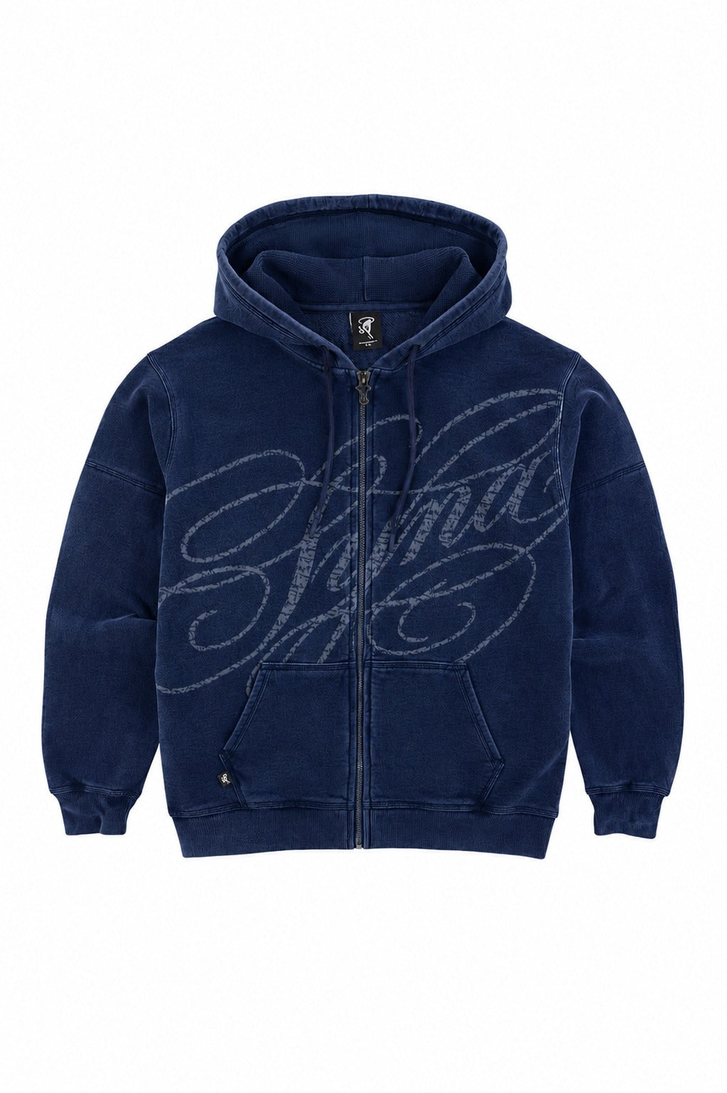 Syna World navy zip up hoodie front view with oversized tonal Syna script graphic and brass zip