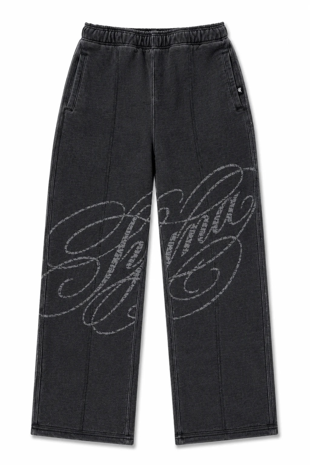 Syna World washed black script sweat pants with oversized Syna graphic across both legs